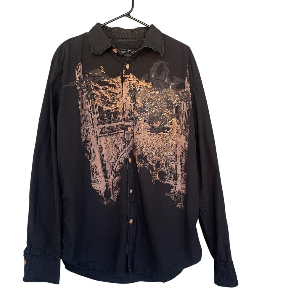 Brad Butter Shirt Mens XL Black Embellished Shield Axe Medieval Gothic Cross